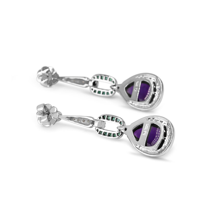 9ct White Gold Diamond, Emerald and Amethyst Art Deco Style Drop Earrings