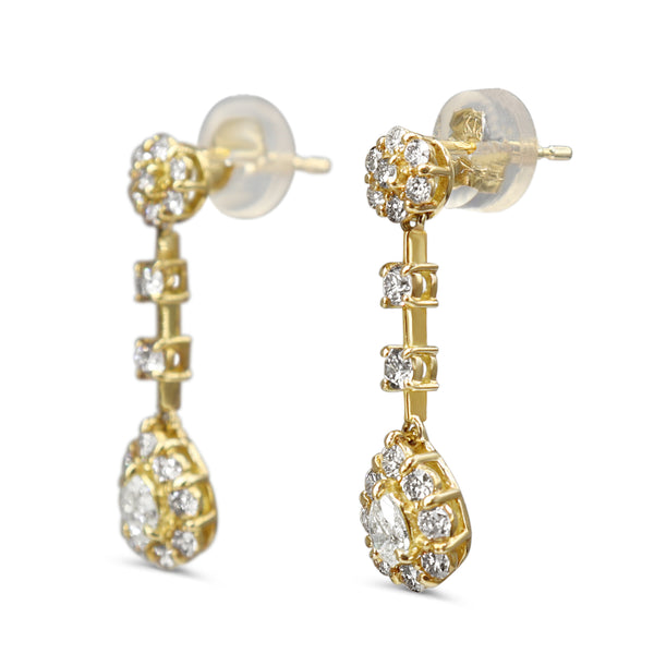 18ct Yellow Gold Pear Diamond Halo Drop Earrings