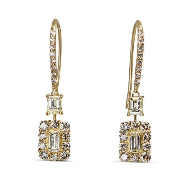 18ct Yellow Gold Baguette Diamond Halo Drop Earrings