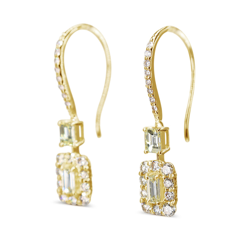 18ct Yellow Gold Baguette Diamond Halo Drop Earrings