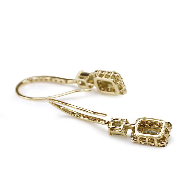 18ct Yellow Gold Baguette Diamond Halo Drop Earrings