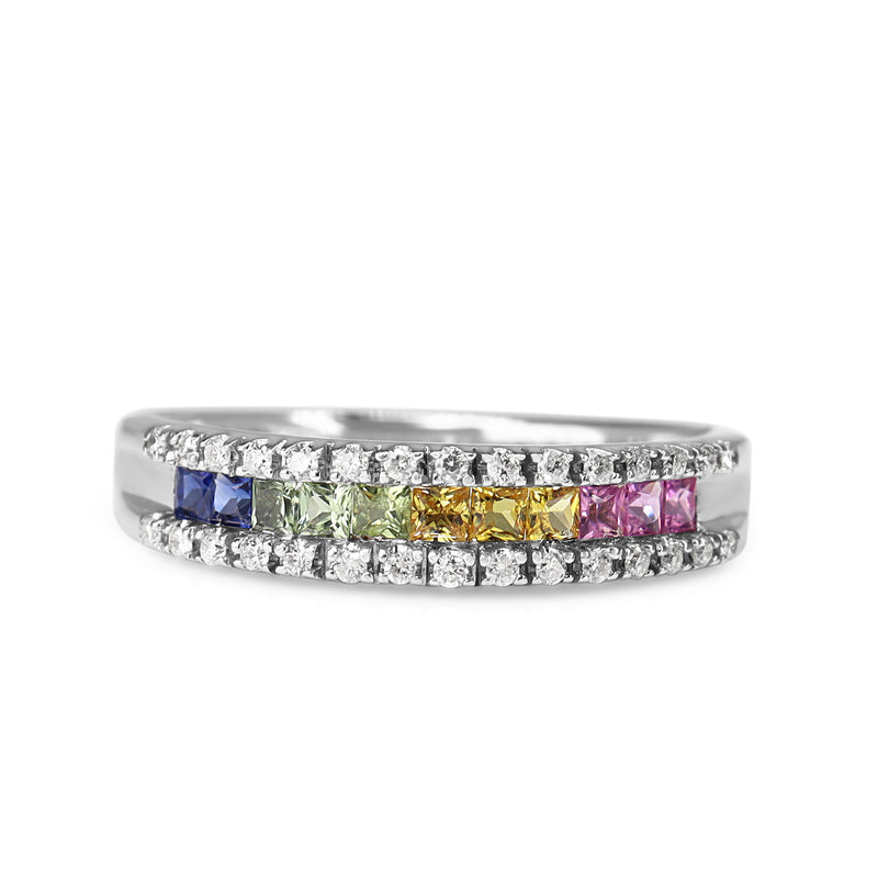 9ct White Gold Rainbow Sapphire and Diamond Band Ring