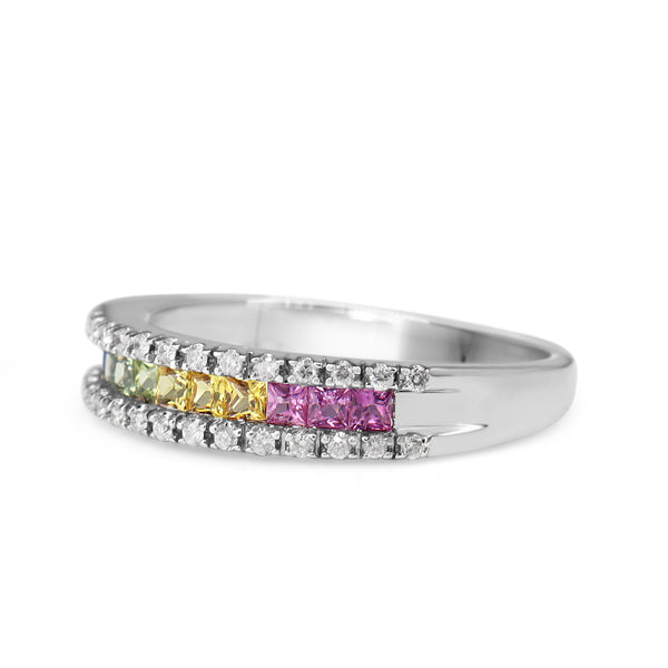 9ct White Gold Rainbow Sapphire and Diamond Band Ring