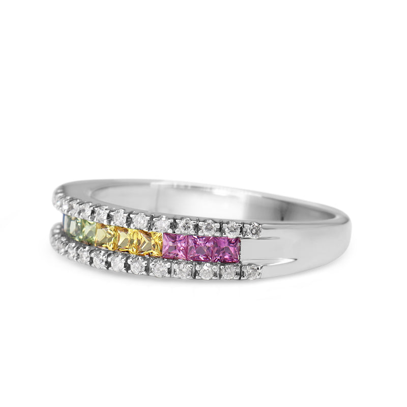 9ct White Gold Rainbow Sapphire and Diamond Band Ring