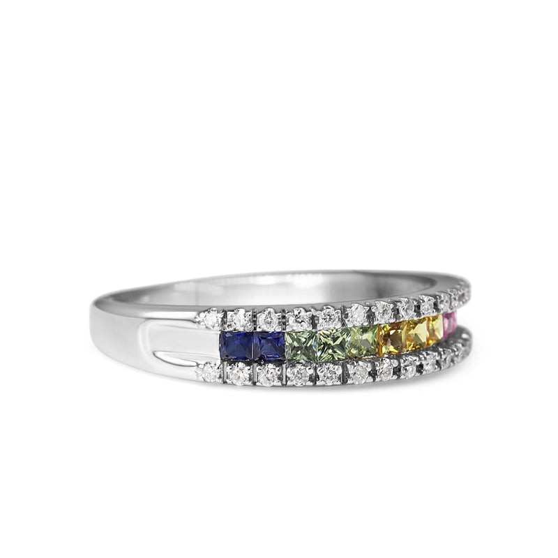 9ct White Gold Rainbow Sapphire and Diamond Band Ring