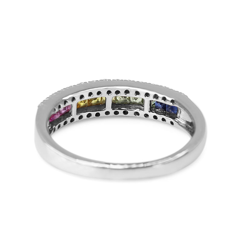 9ct White Gold Rainbow Sapphire and Diamond Band Ring