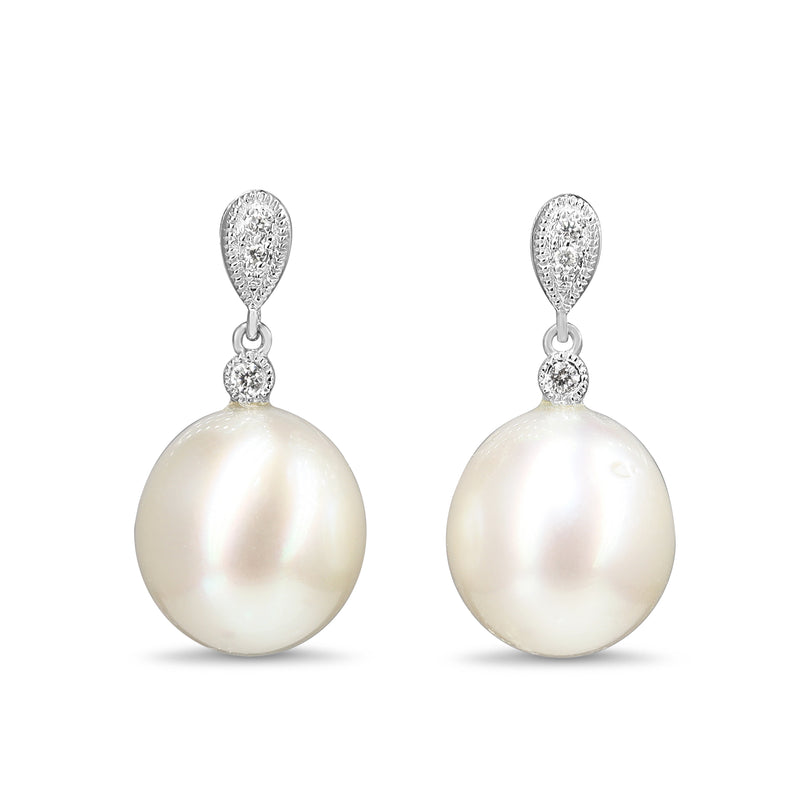 18ct White Gold 11mm South Sea Pearl and Diamond Drop Earrings