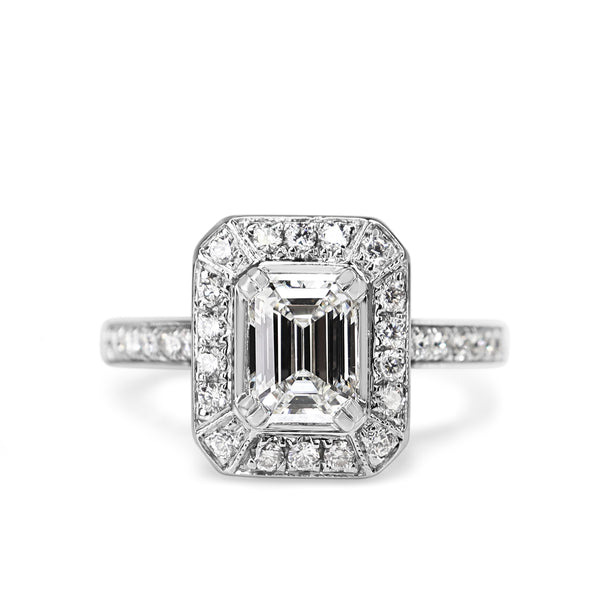 18ct White Gold Deco Style Emerald Cut Diamond Halo Ring