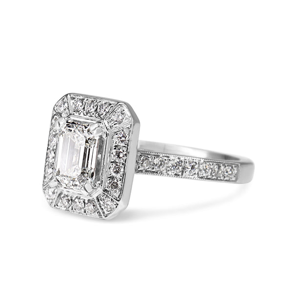 18ct White Gold Deco Style Emerald Cut Diamond Halo Ring