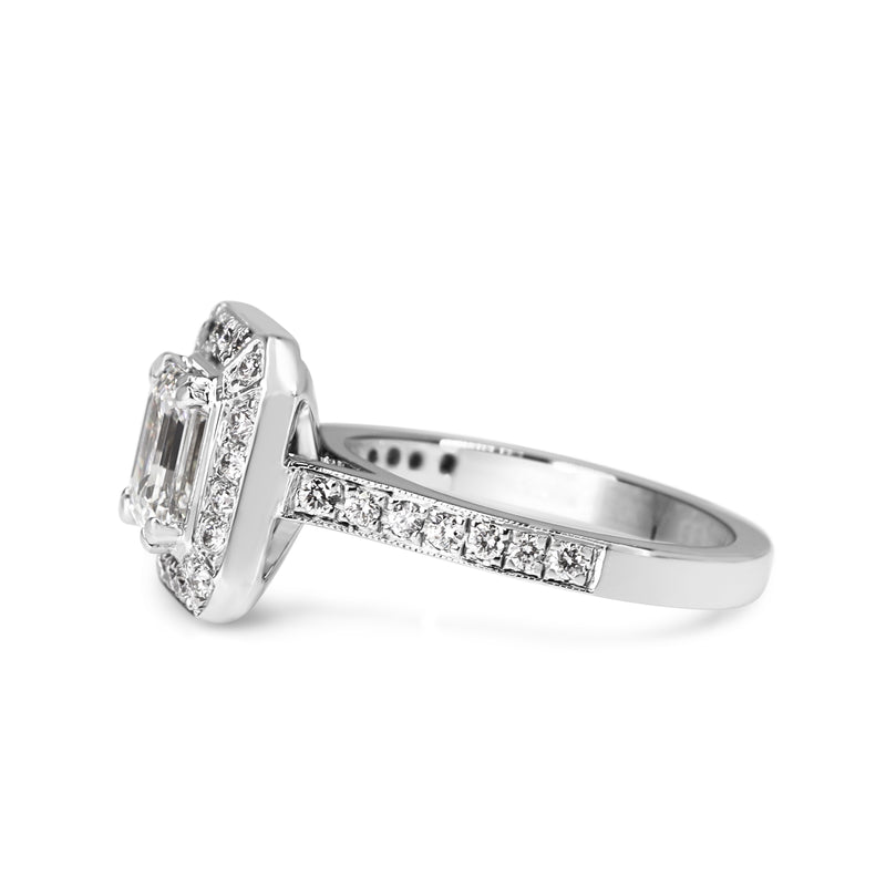 18ct White Gold Deco Style Emerald Cut Diamond Halo Ring