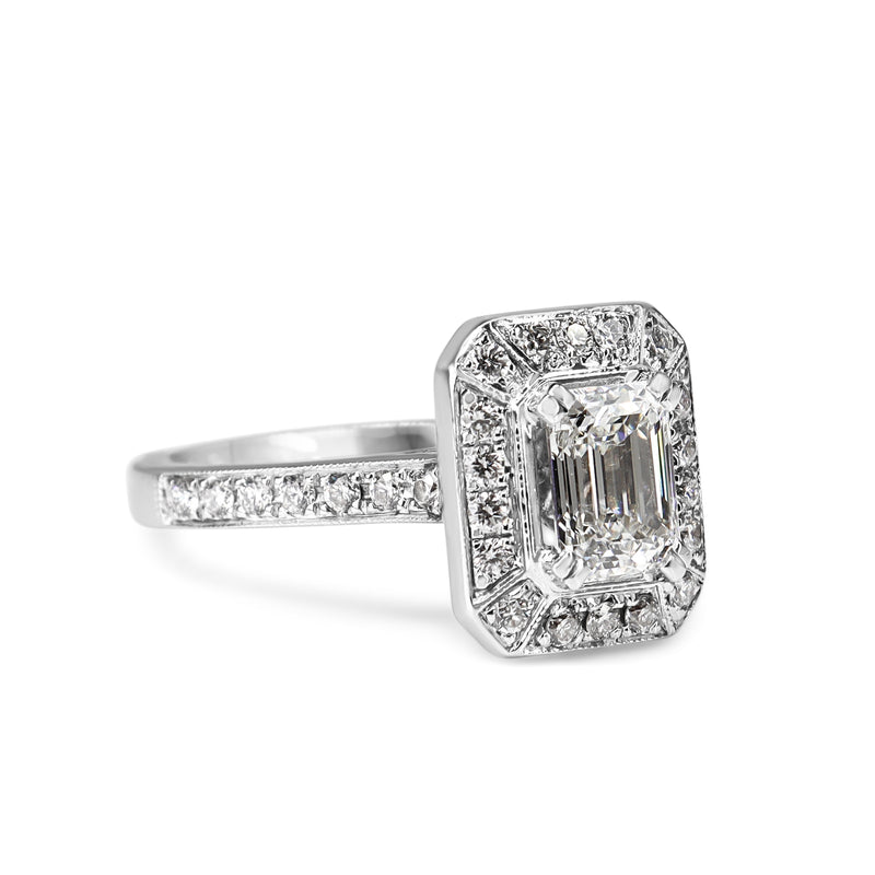 18ct White Gold Deco Style Emerald Cut Diamond Halo Ring