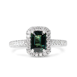 18ct White Gold Emerald Cut Teal Sapphire and Diamond Halo Ring