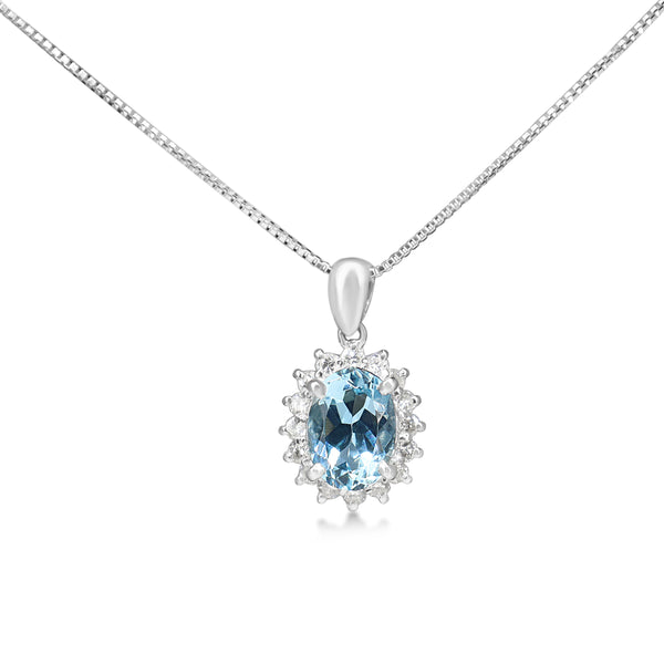 Platinum Aquamarine and Diamond Halo Necklace