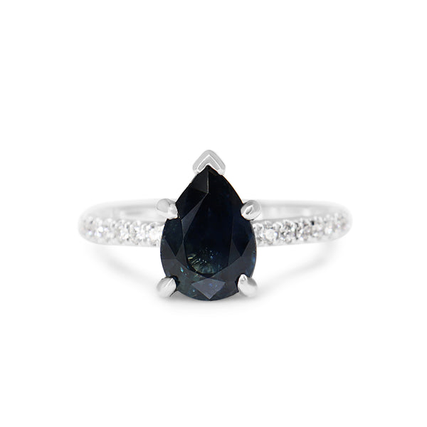 18ct White Gold Pear Sapphire Solitaire and Diamond Ring