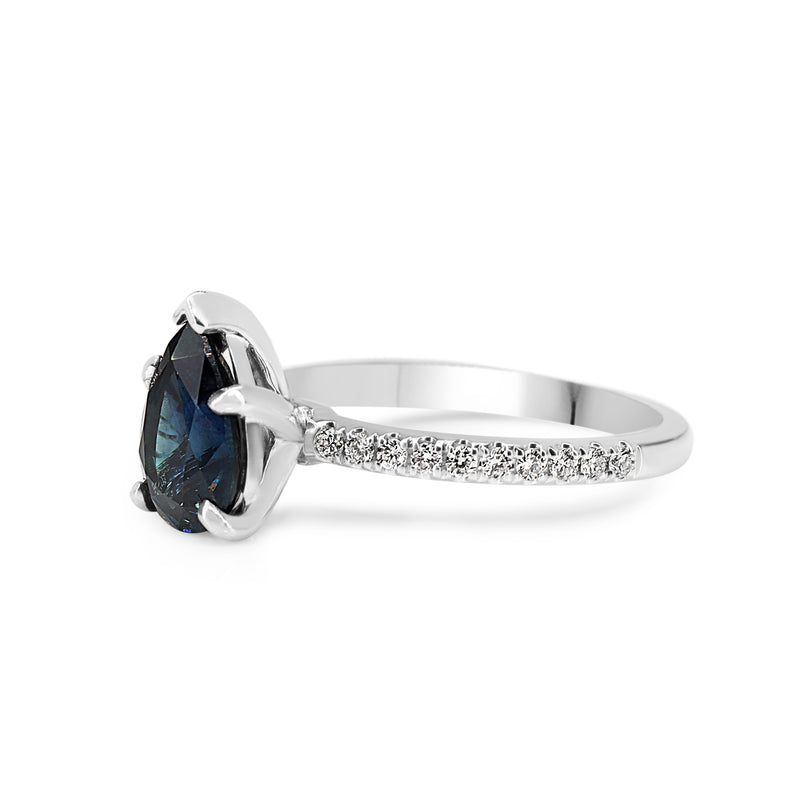 18ct White Gold Pear Sapphire Solitaire and Diamond Ring