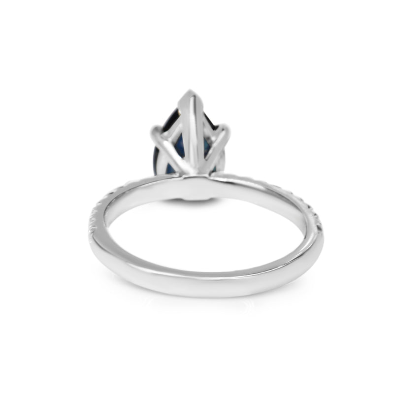 18ct White Gold Pear Sapphire Solitaire and Diamond Ring