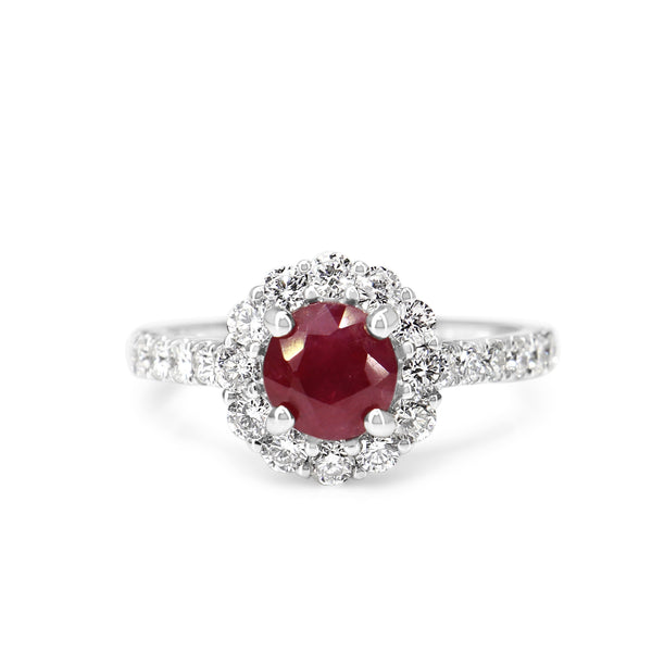 18ct White Gold Ruby and Diamond Halo Ring