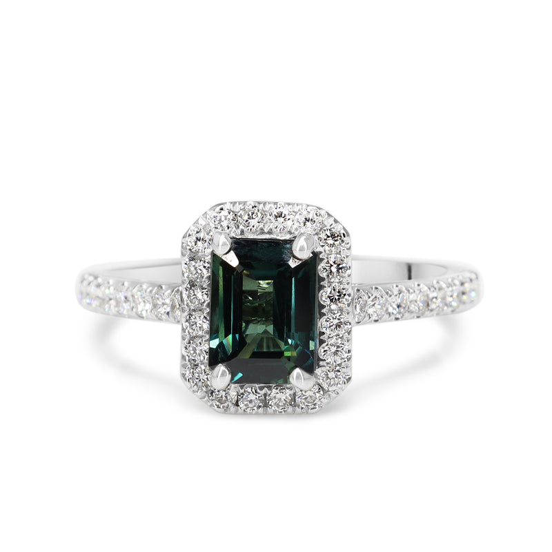 18ct White Gold Emerald Cut Teal Sapphire and Diamond Halo Ring