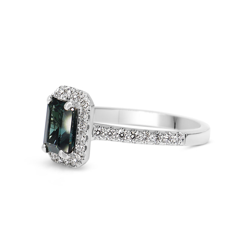 18ct White Gold Emerald Cut Teal Sapphire and Diamond Halo Ring