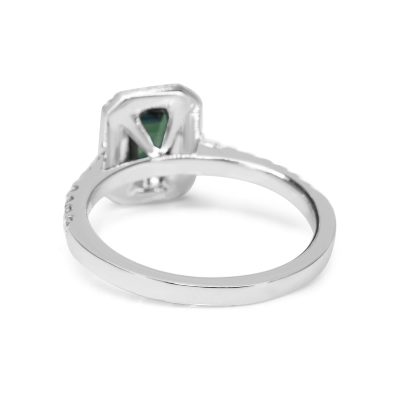 18ct White Gold Emerald Cut Teal Sapphire and Diamond Halo Ring