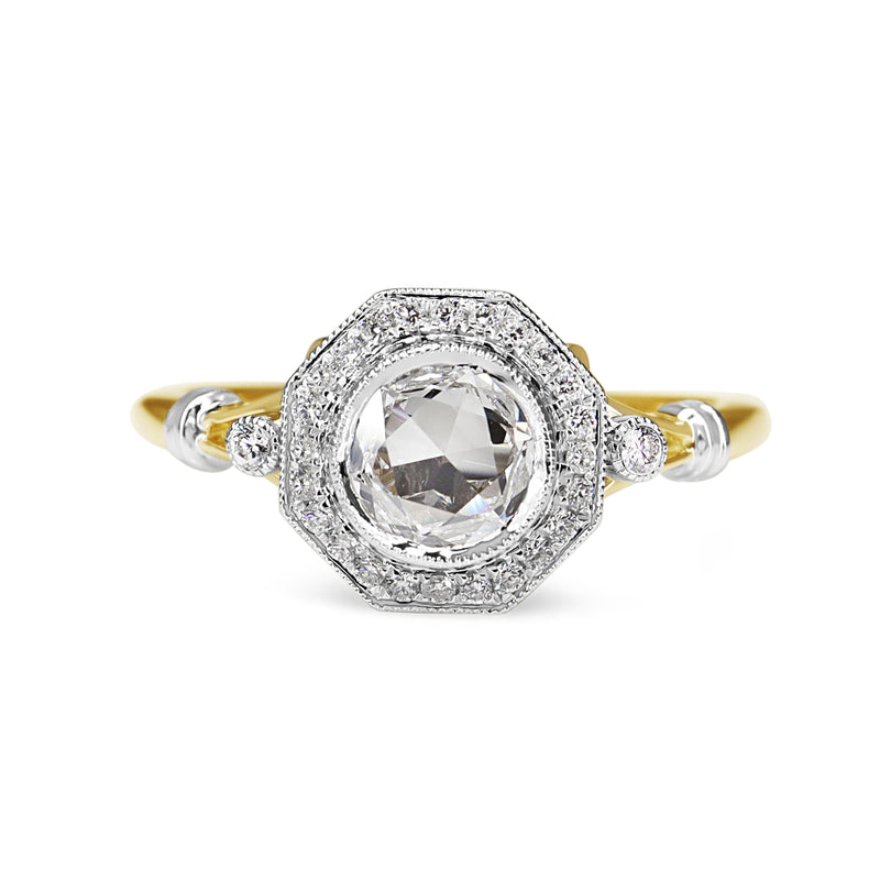 18ct Yellow and White Gold Antique Style Rose Cut Diamond Hexagon Halo Ring