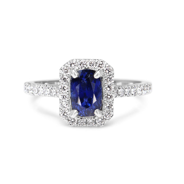 18ct White Gold Sapphire and Diamond Halo Ring