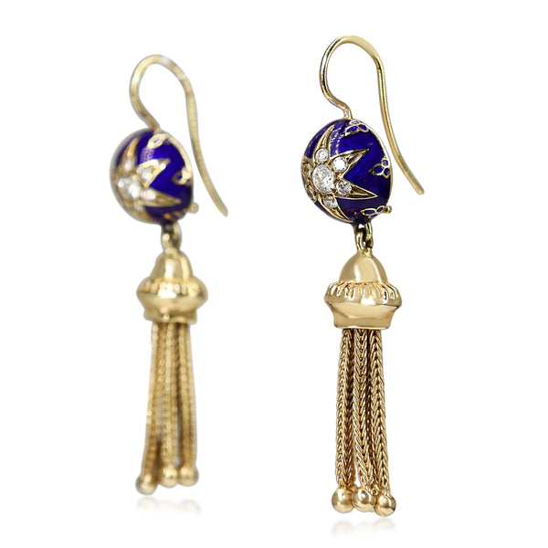 14ct Yellow Gold Antique Enamel and Diamond Tassle Earrings