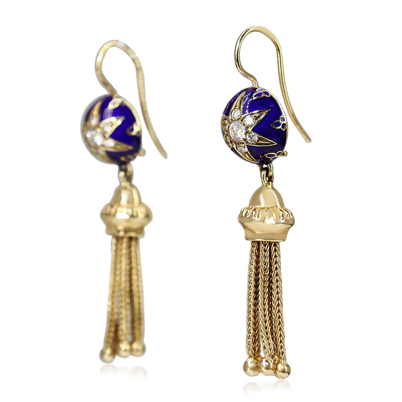 14ct Yellow Gold Antique Enamel and Diamond Tassle Earrings