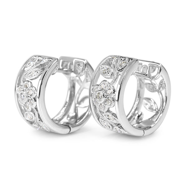 9ct White Gold Floral Diamond Hoop Earrings