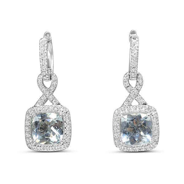 14ct White Gold Cushion Aquamarine and Diamond Halo Twist Drop Earrings