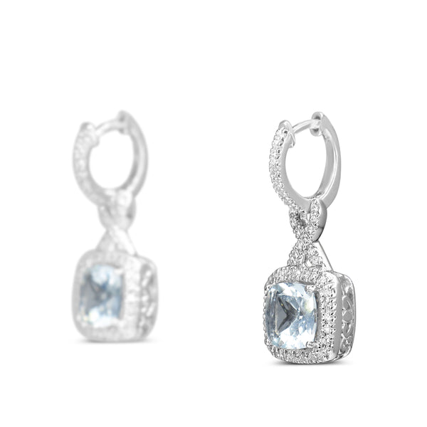 14ct White Gold Cushion Aquamarine and Diamond Halo Twist Drop Earrings