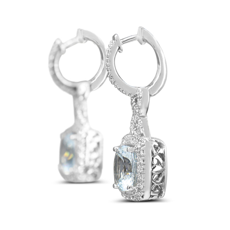 14ct White Gold Cushion Aquamarine and Diamond Halo Twist Drop Earrings