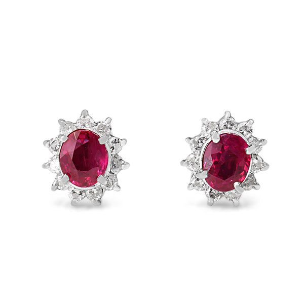 Platinum Ruby and Diamond Halo Stud Earrings