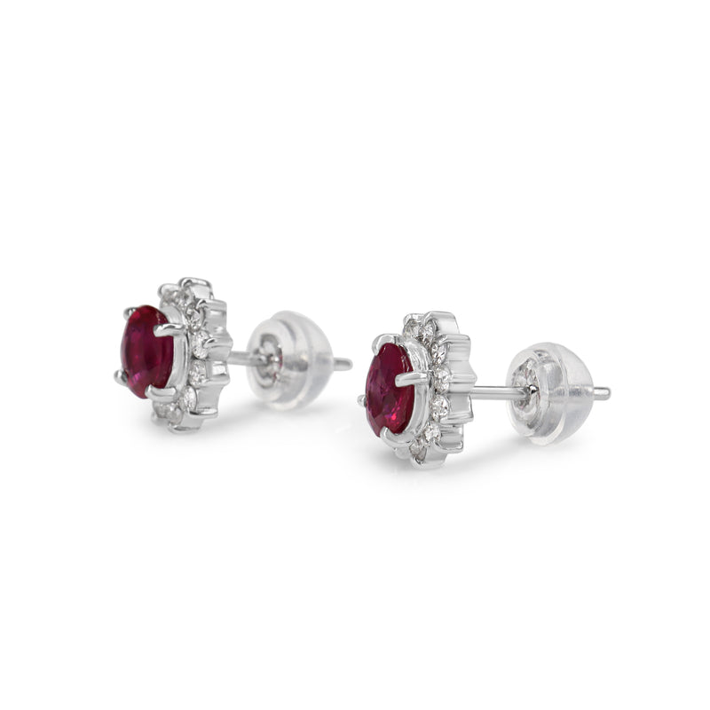 Platinum Ruby and Diamond Halo Stud Earrings