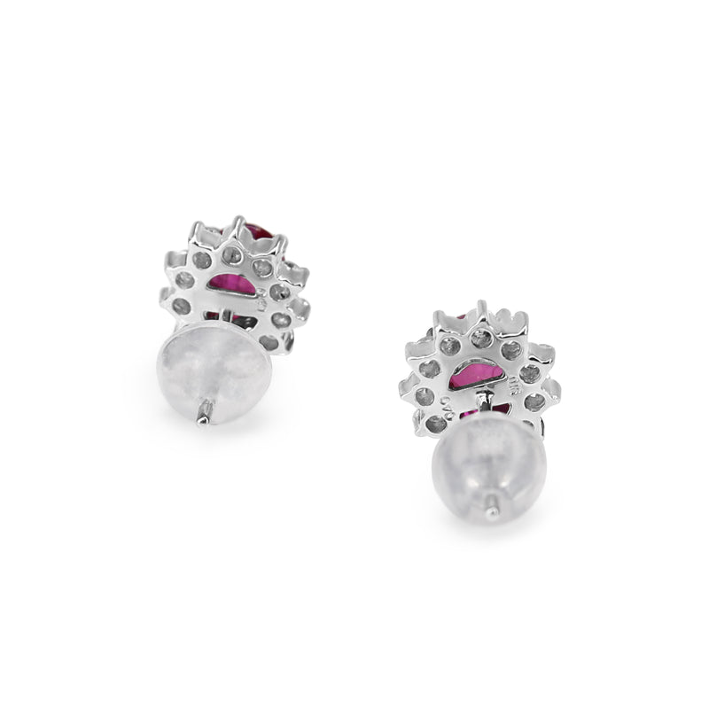 Platinum Ruby and Diamond Halo Stud Earrings