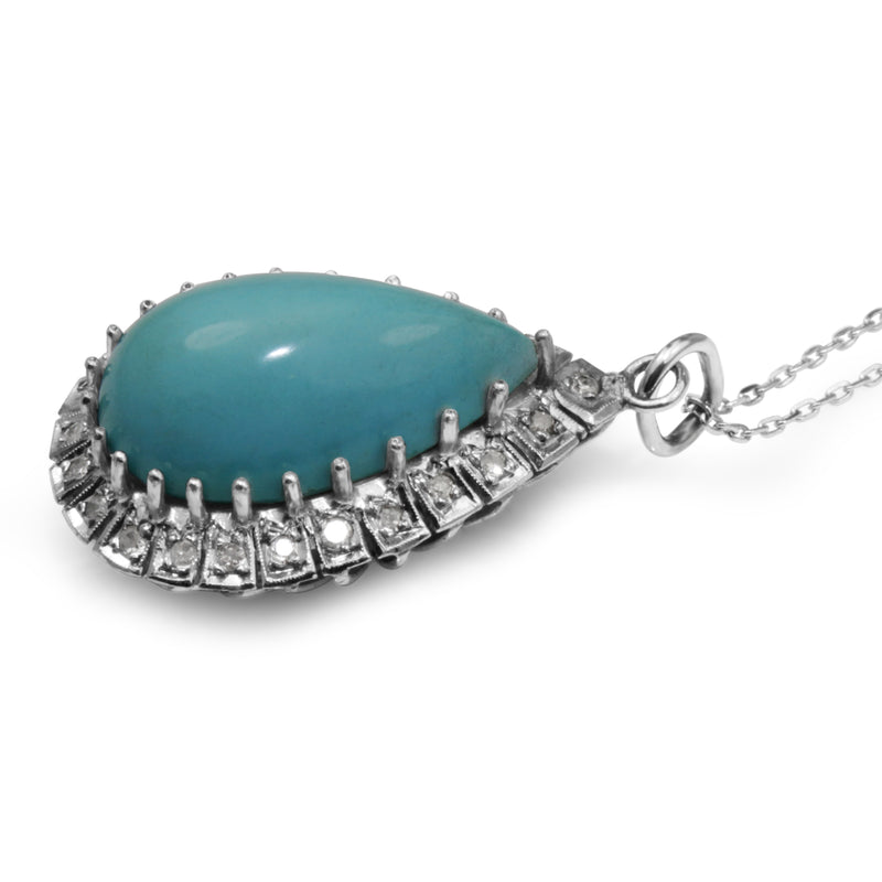 Palladium Vintage Turquoise and Diamond Pear Drop Pendant