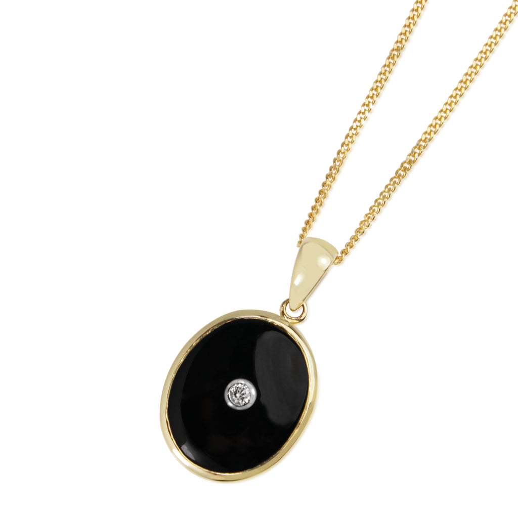 18K Yellow Gold Onyx and Diamond Drop Necklace (12.0x19.0mm)