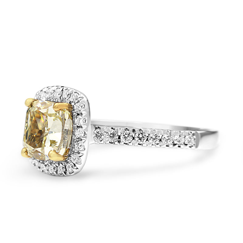 18ct Yellow and White Gold Cushion Halo Diamond Ring