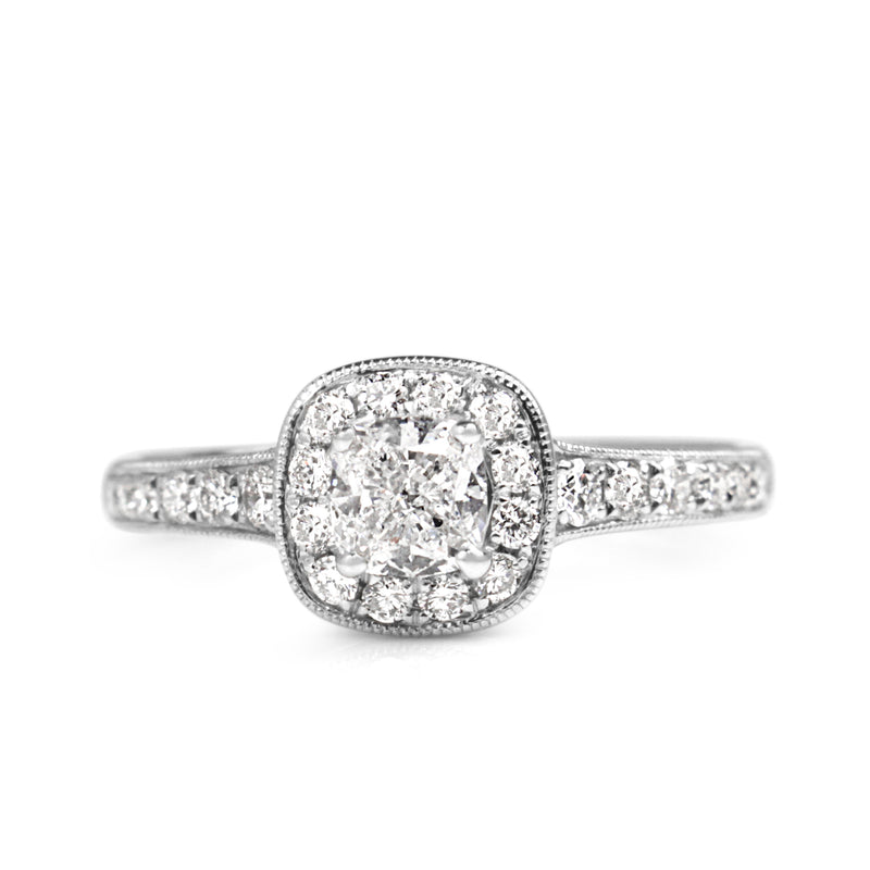 18ct White Gold Cushion Diamond Halo Ring