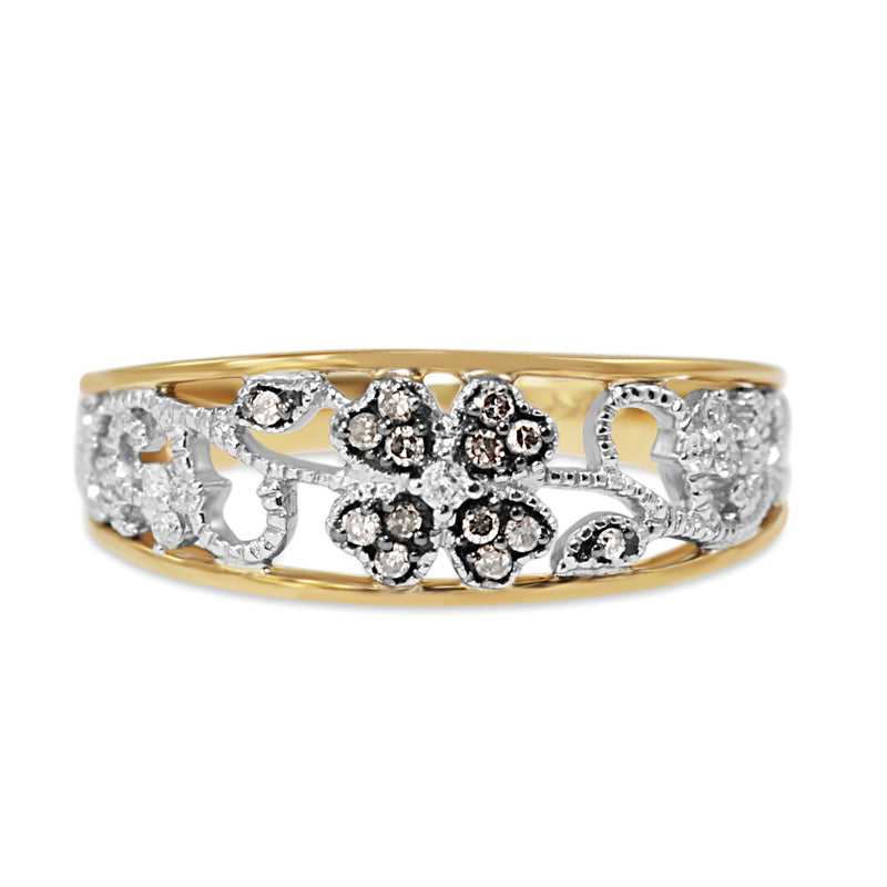 9ct Yellow and White Gold Champagne and White Diamond Floral Band Ring